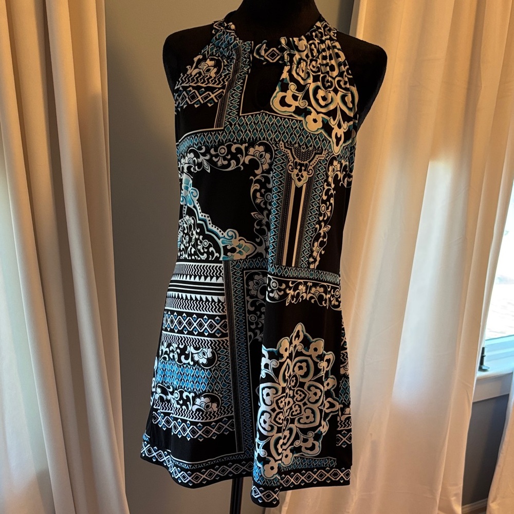 White House Black Market Black and Blue Patterned Haltered Tunic/Dress